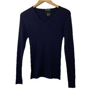 Escada Ribbed Silk Top Sweater Navy Blue Long Sleeve V-Neck Size 34